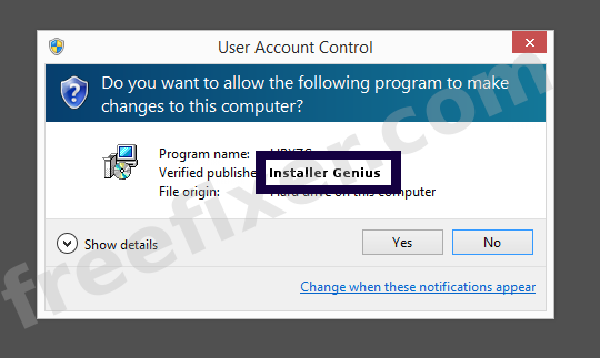 Screenshot where Installer Genius appears as the verified publisher in the UAC dialog